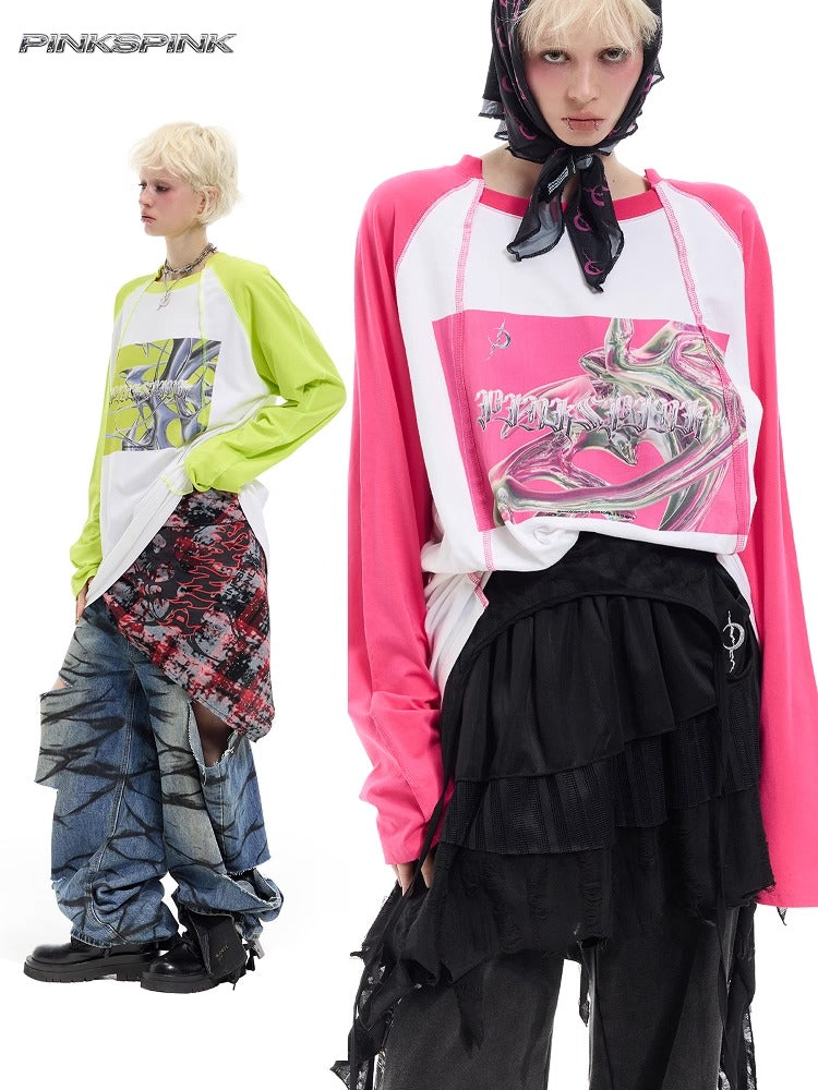 Y2K Future Print Splicing Raglan Loose Tee – Dragon Star