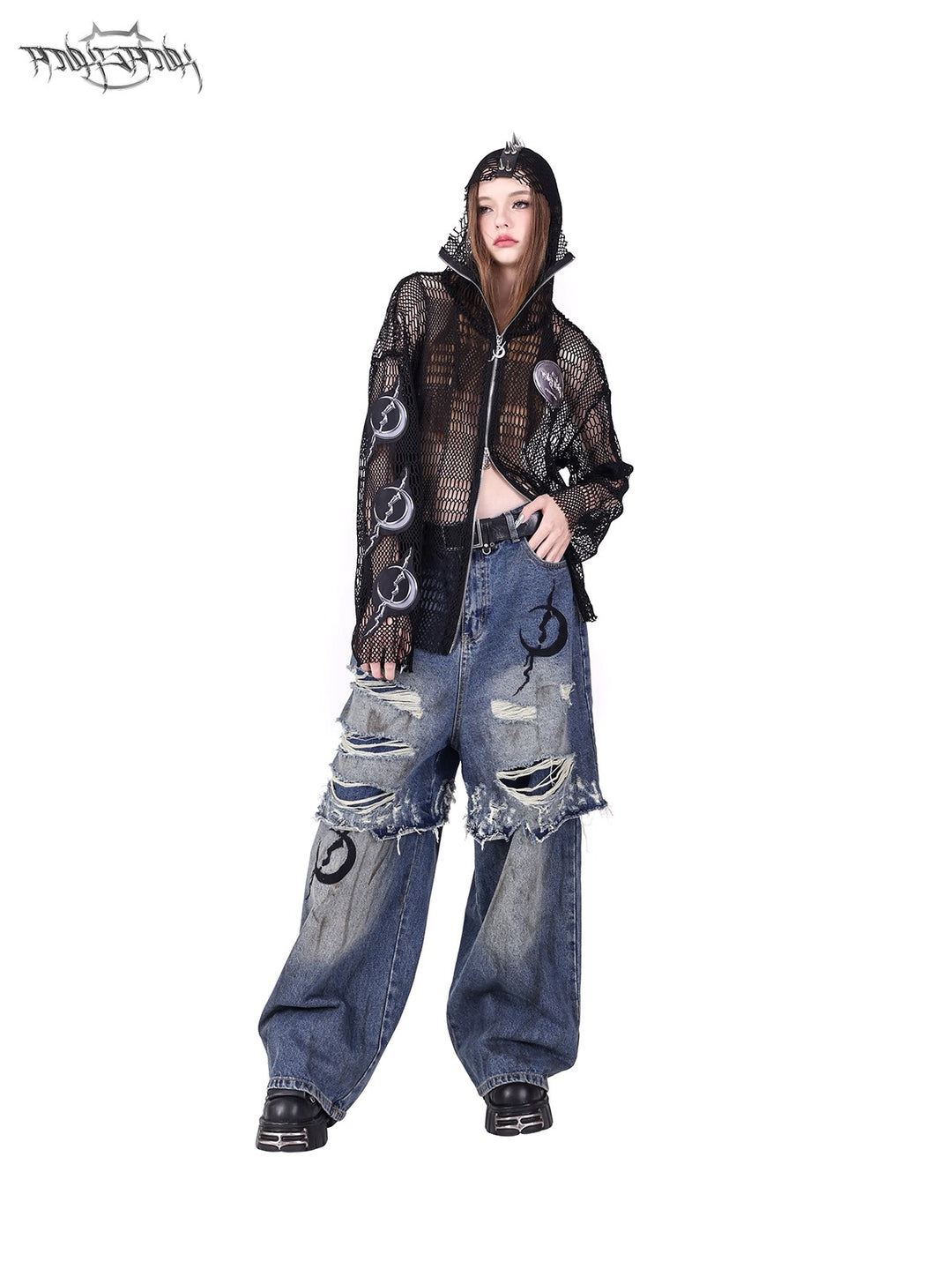 ELECTRIC MOON Double-Layer Distressed Denim Loose Jeans