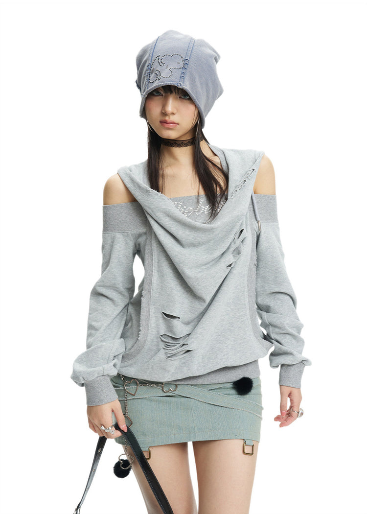 Front white-background view of the gray rhinestone off-shoulder layered hoodie
