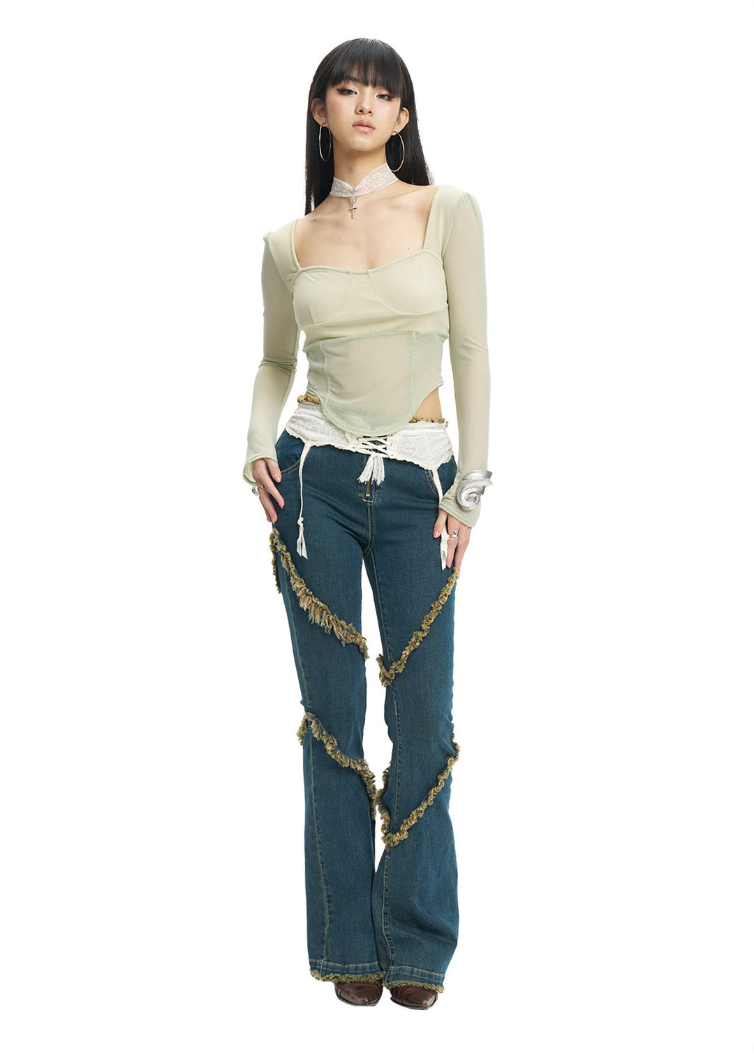 NEXT PASSPORT deep-blue frayed-hem slim flare jeans in denim blue — front full-length modeled view on white showing the frayed diagonal panels and flare.