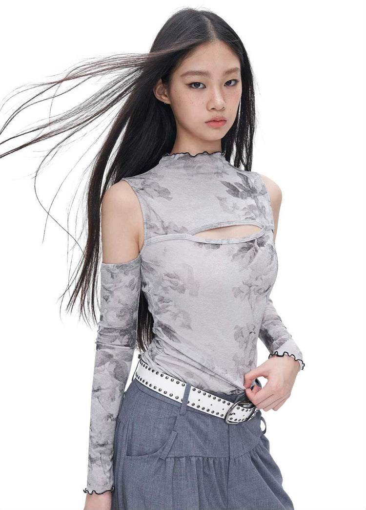 NEXT PASSPORT gray ink-print asymmetric off-shoulder top