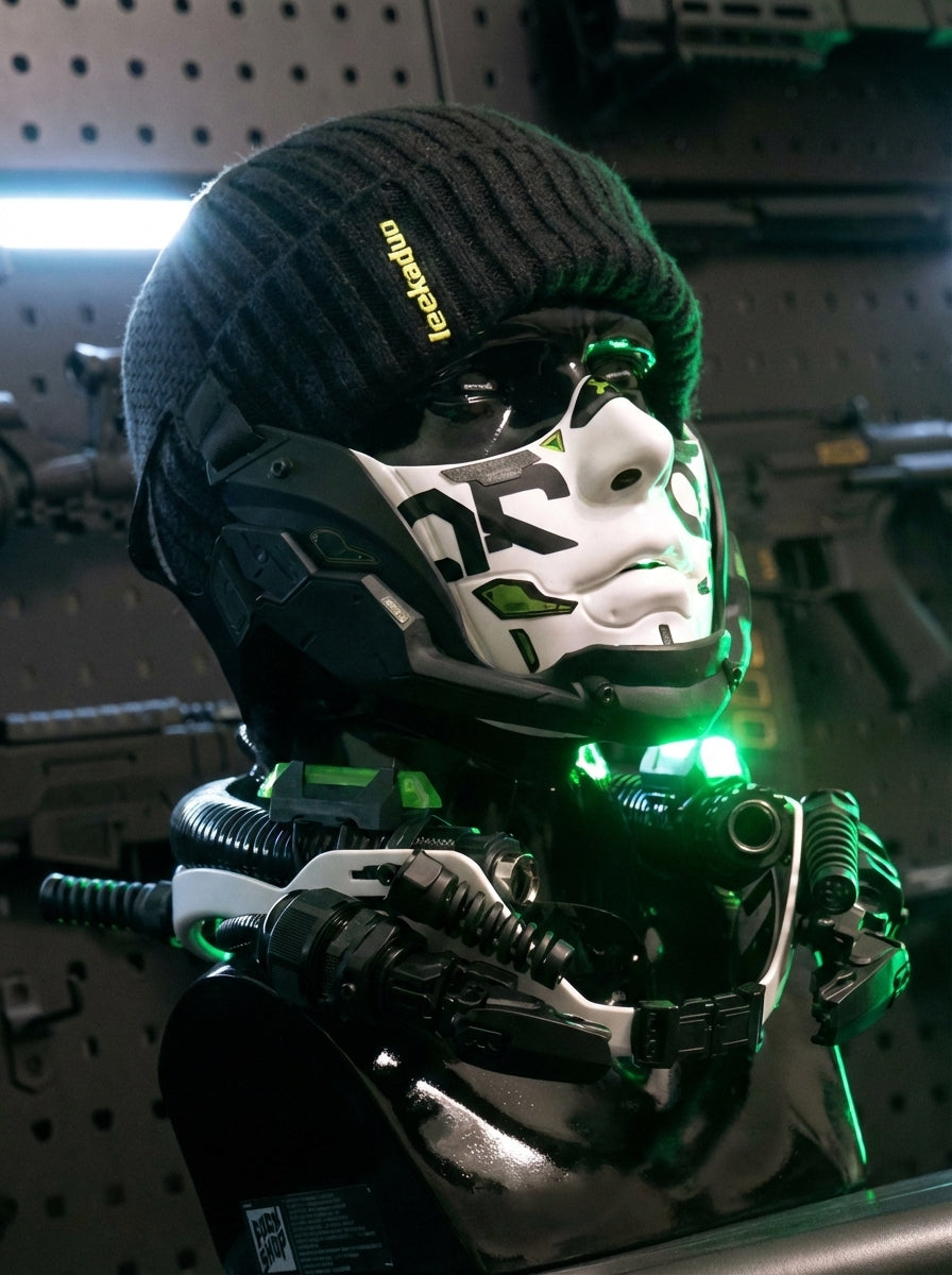 FOCKSHOP sharp-chin mask — off-white version styled with a black helmet and headset.