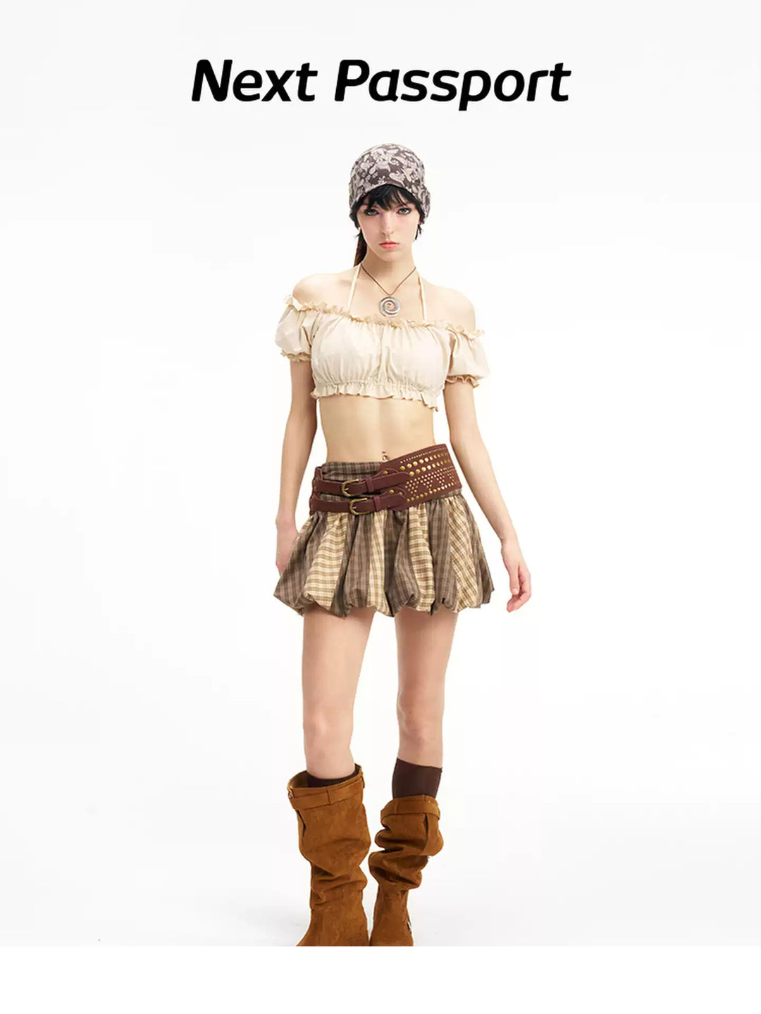Front modeled view of the Next Passport brown plaid striped pumpkin skirt