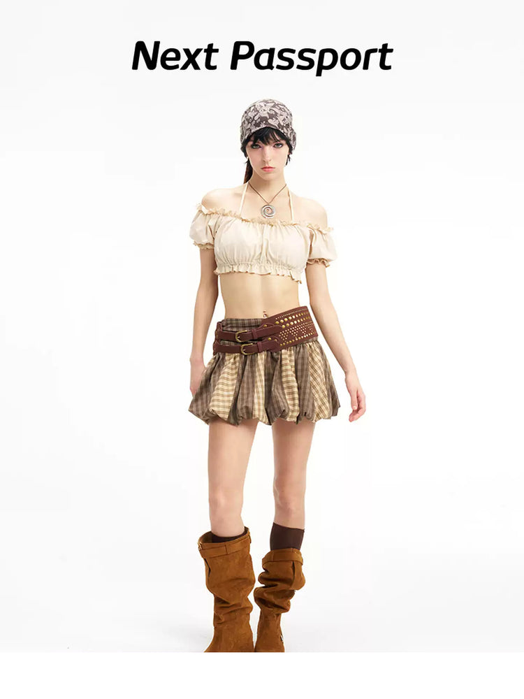 Front modeled view of the Next Passport brown plaid striped pumpkin skirt