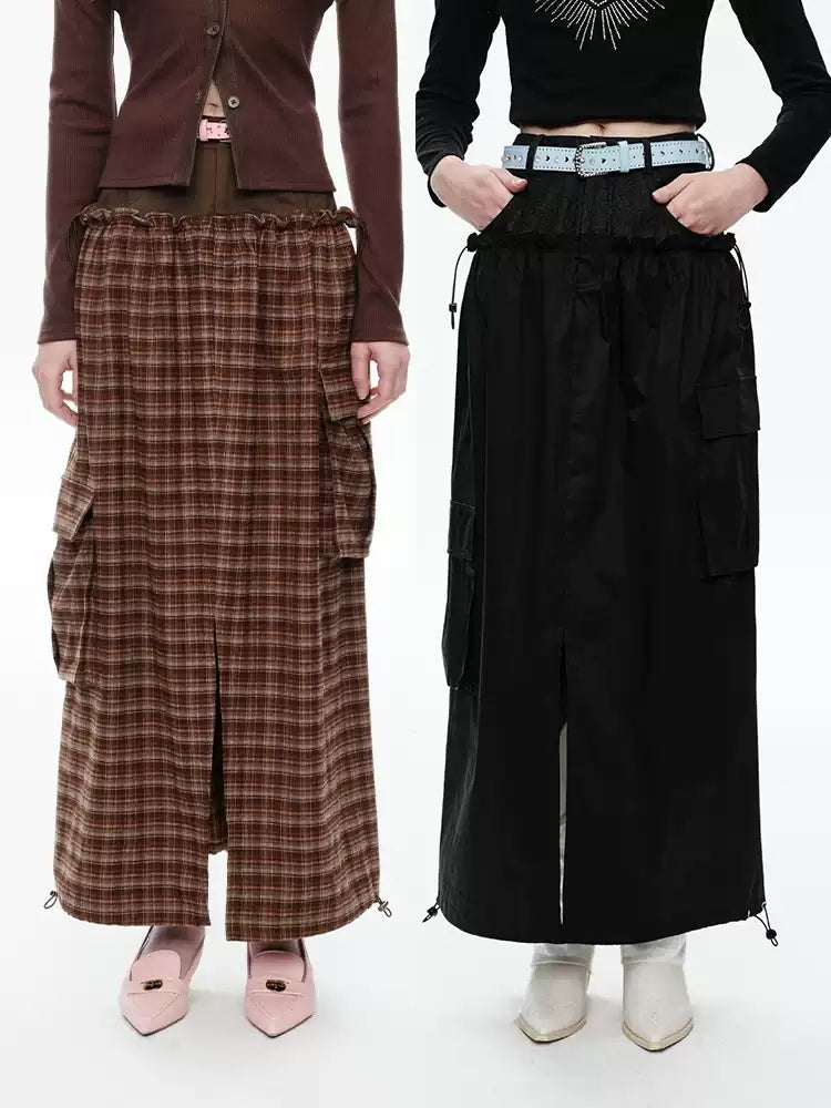 NEXT PASSPORT faux-layered panel maxi skirt in black and brown plaid