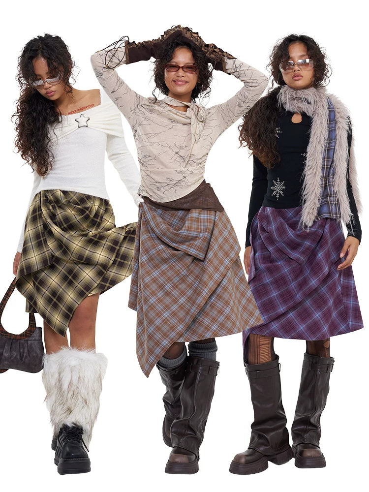 NEXT PASSPORT plaid wrap-panel midi skirt in blue, purple and yellow plaid