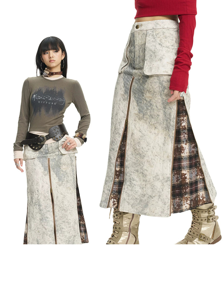 Front collage view of the Next Passport tie-dye plaid-insert zip midi skirt
