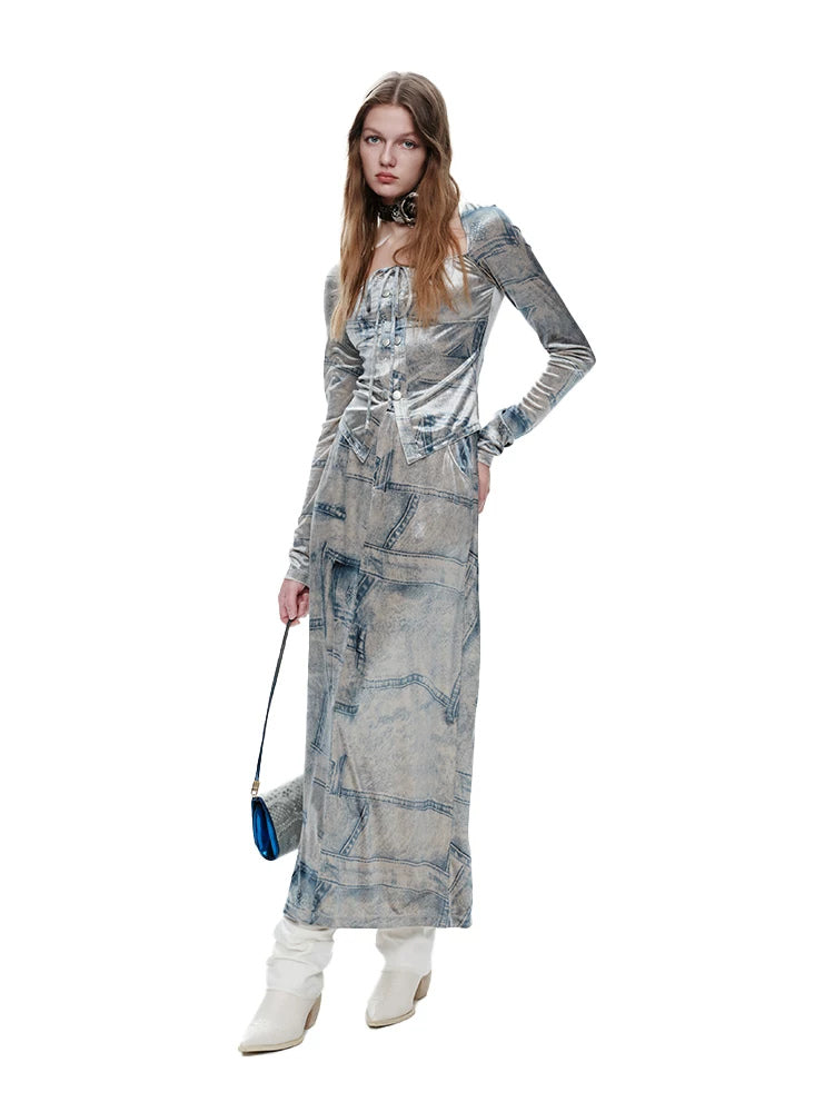 NEXT PASSPORT silver-gray faux-denim velvet top and midi skirt full look
