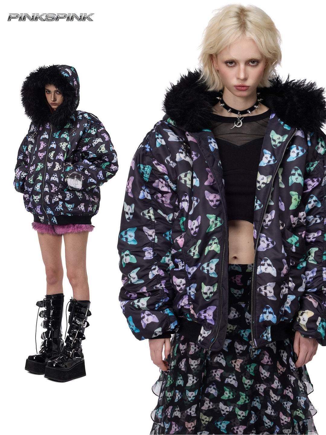 PINKSPINK CAT ALIEN faux-fur collar padded jacket — modeled collage showing the black cat-print shell and fluffy black collar