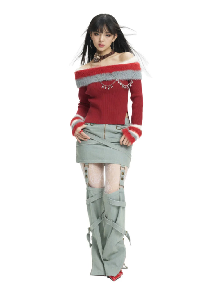 Next Passport red faux-fur collar knit pullover styled front view