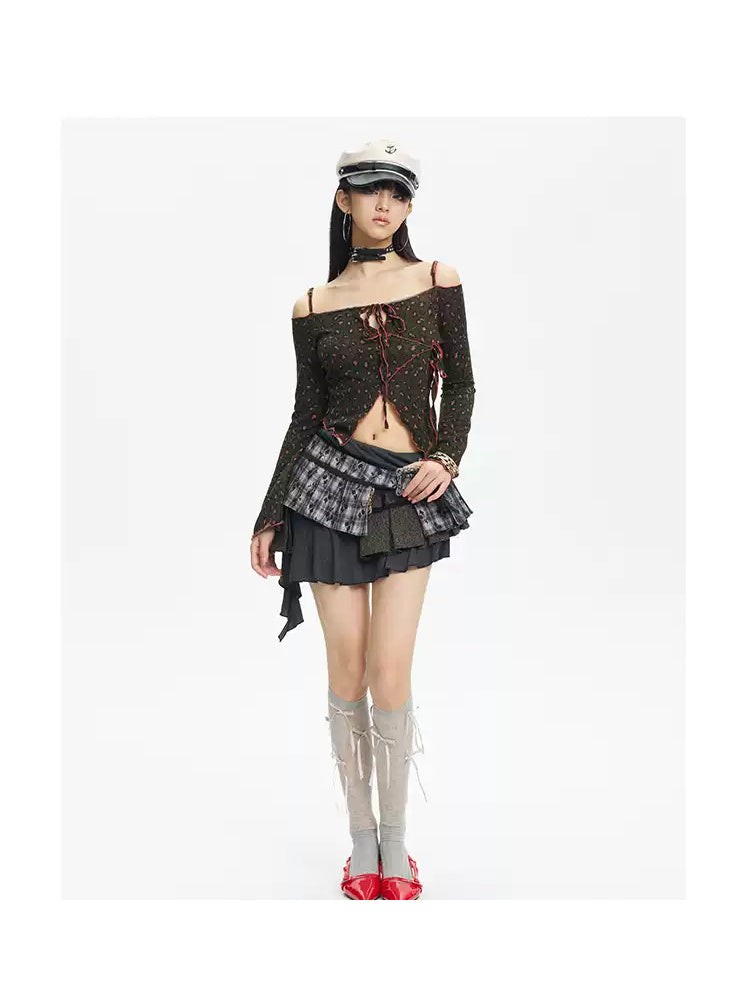 Front full-length view of the leopard lace-up off-shoulder knit top