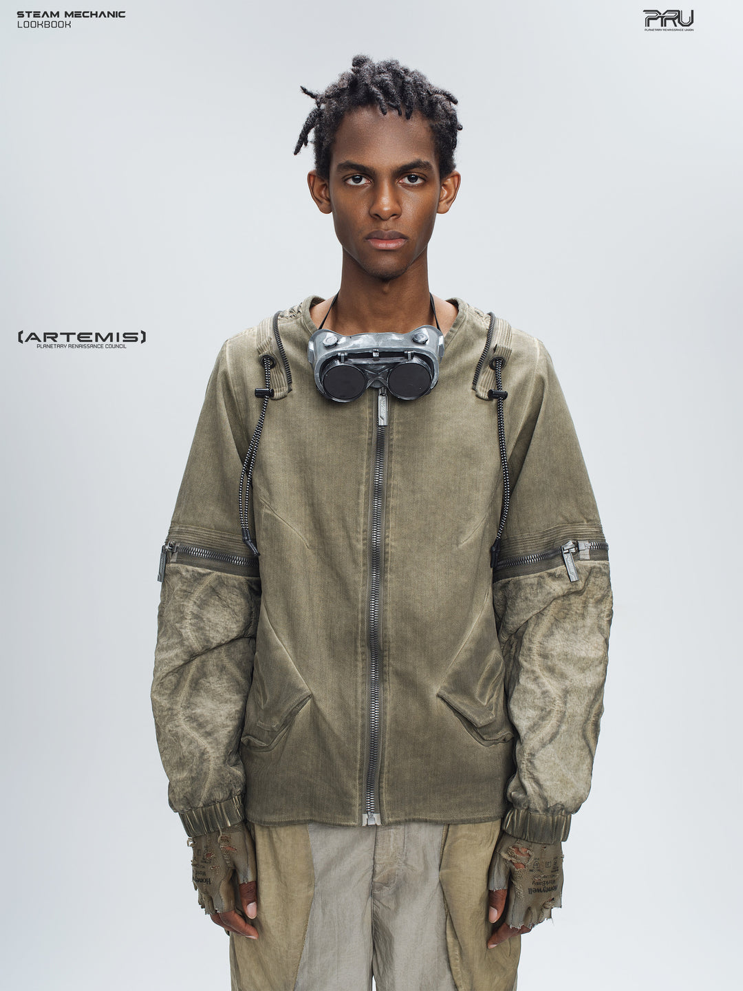 STEAM FUNCTION PIONEER mercury-brown detachable-sleeve jacket, front view with sleeves attached and flap pockets