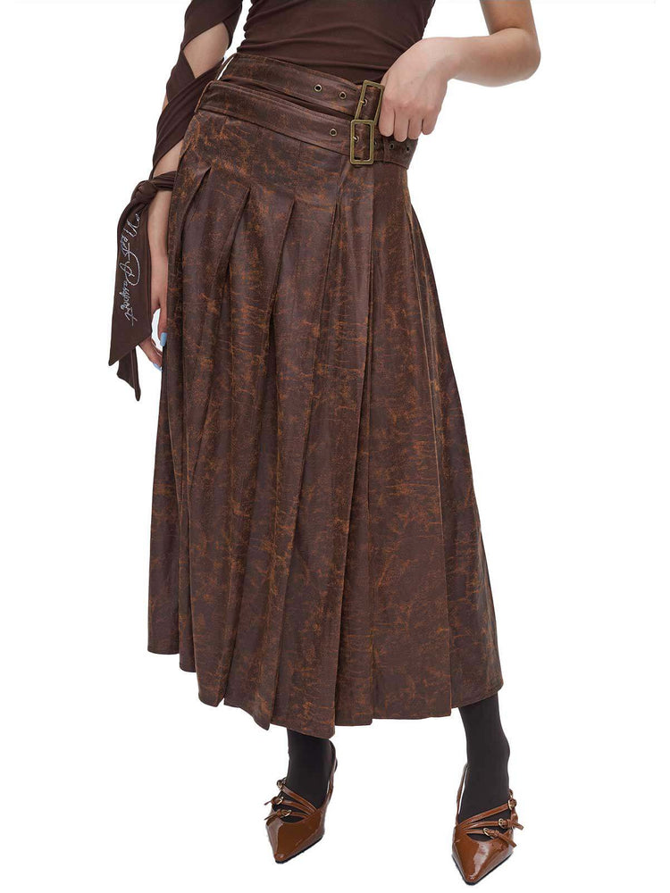 Brown pleated wrap maxi skirt modeled front view on white