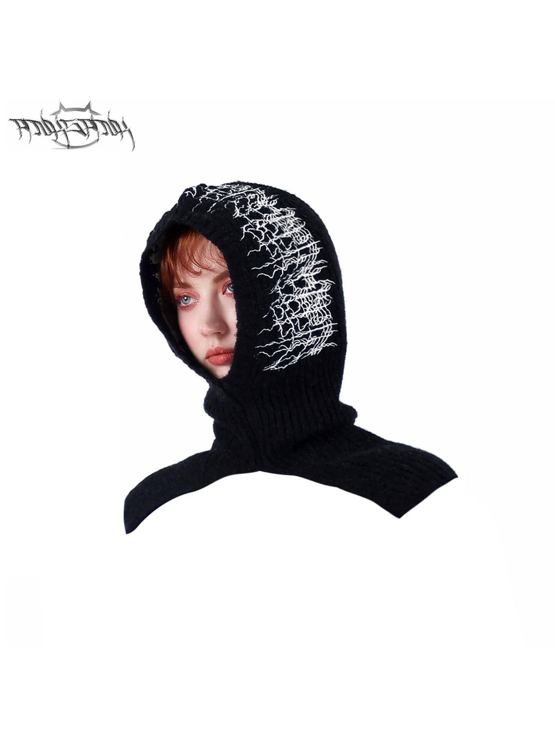 PINKSPINK ELECTRIC THORN embroidered knit balaclava in black — isolated front modeled close-up showing thorn embroidery around the face opening