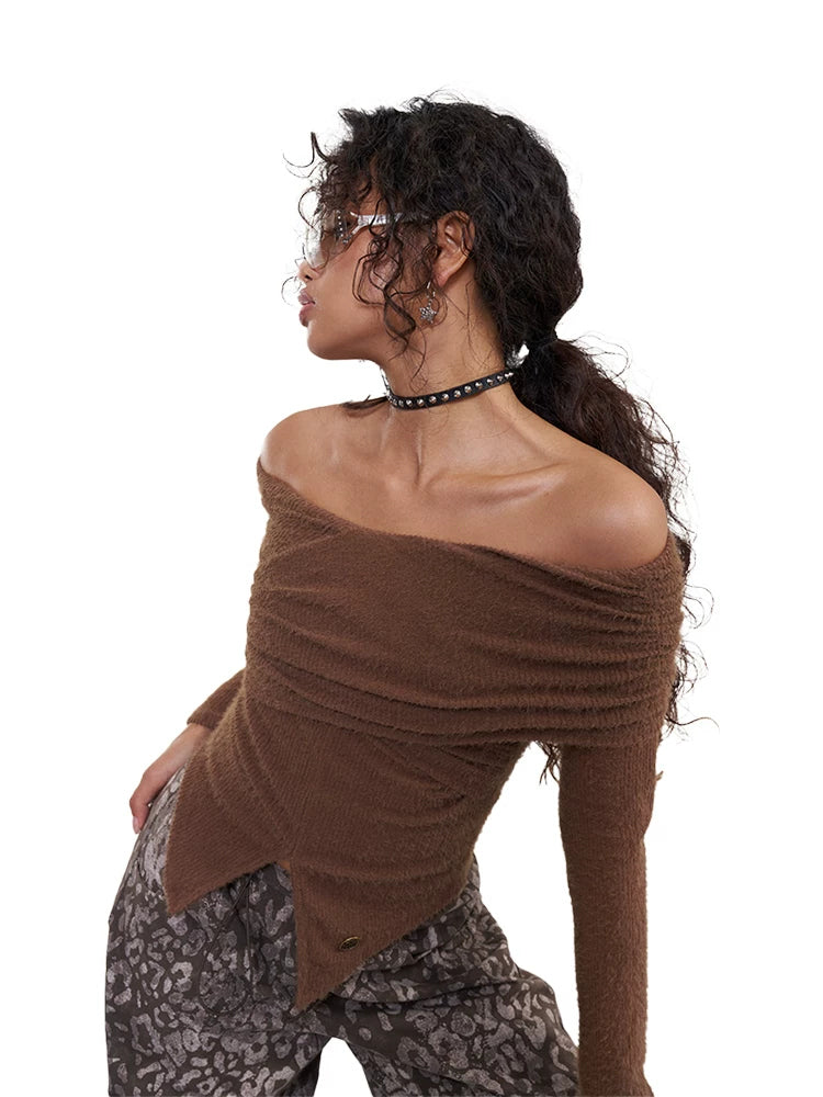 NEXT PASSPORT dark-brown twisted off-shoulder long-sleeve tee, three-quarter studio portrait