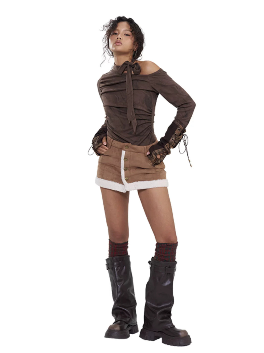 NEXT PASSPORT brown faux-shearling mini skirt, full-length front studio pose