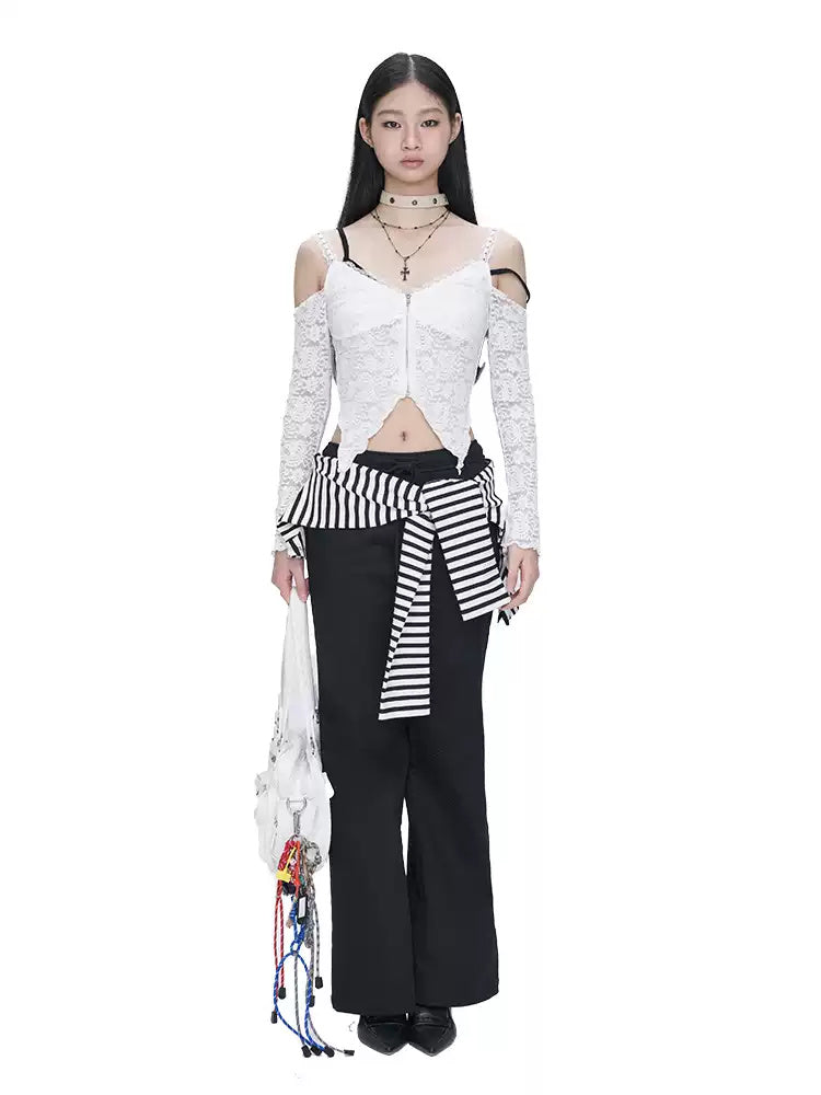 NEXT PASSPORT black striped wrap-panel flared pants full-length front view