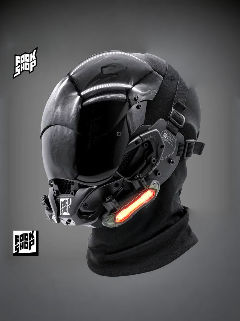FOCKSHOP VOID black illuminated tactical mask — three-quarter close-up showing the visor, side light and fabric neck