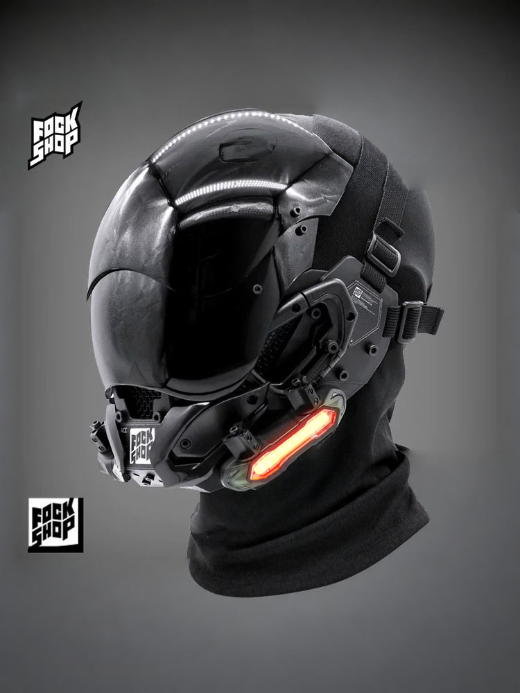 FOCKSHOP VOID black illuminated tactical mask — three-quarter close-up showing the visor, side light and fabric neck