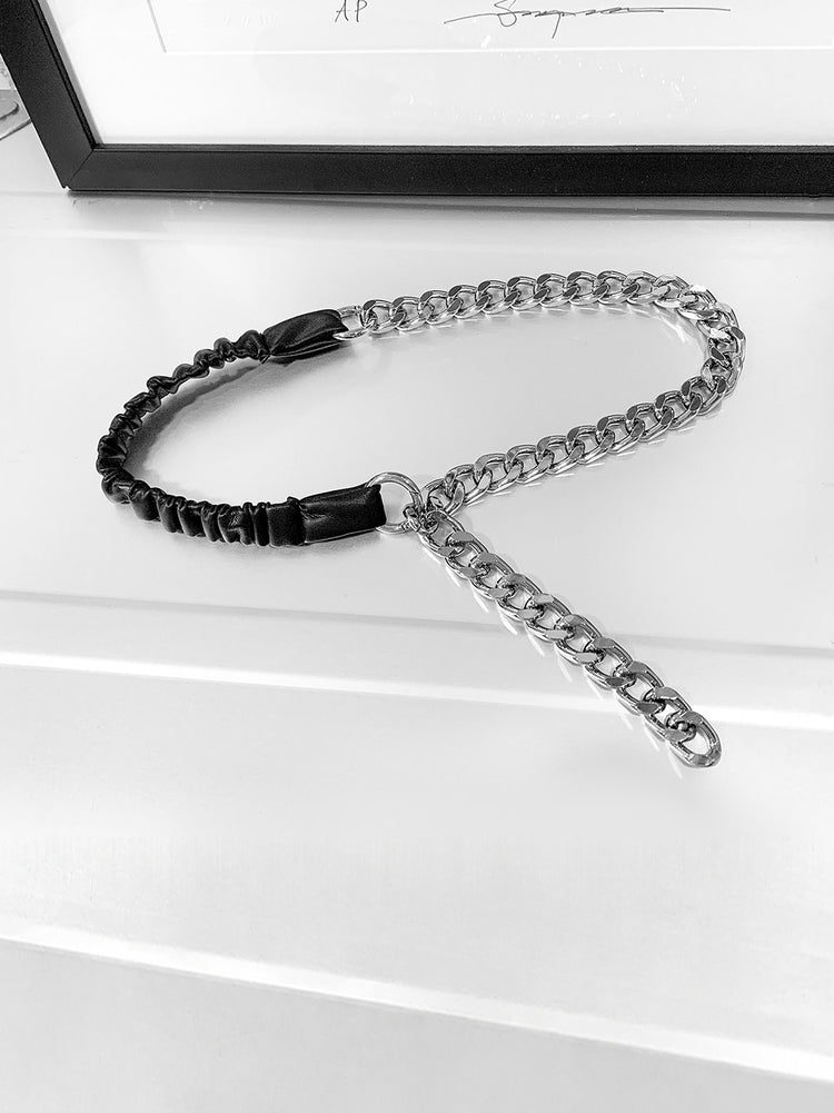 WRAVEN gathered faux-leather curb-chain belt — black gathered strap and silver-tone chain with round connector