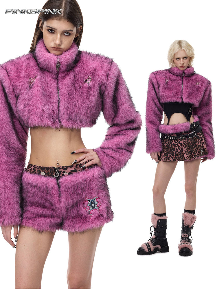 PINKSPINK ELECTRIC MOON gradient faux-fur cropped jacket — modeled collage showing the pink cropped silhouette and long faux-fur sleeves