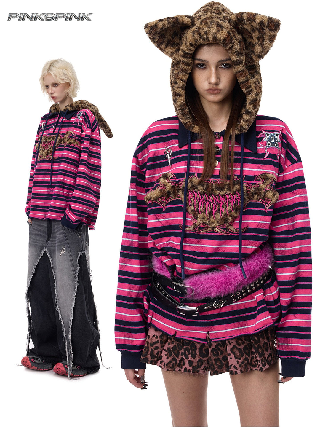 PINKSPINK CAT ALIEN leopard-ear striped hoodie — modeled collage showing pink and black stripes and the leopard-ear hood