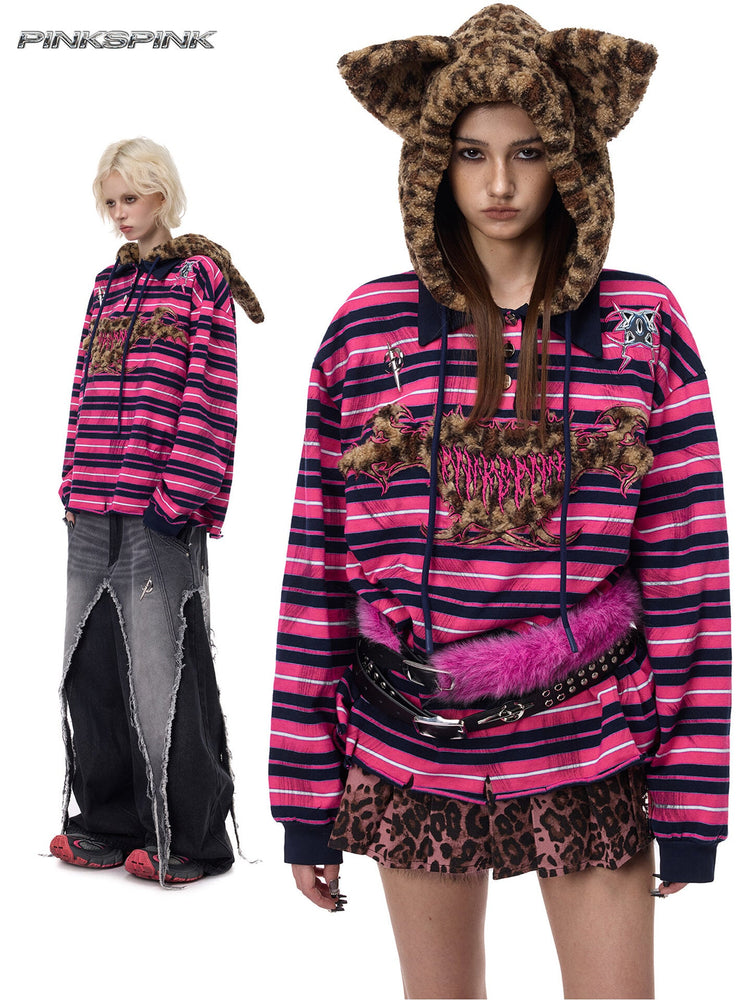 PINKSPINK CAT ALIEN leopard-ear striped hoodie — modeled collage showing pink and black stripes and the leopard-ear hood