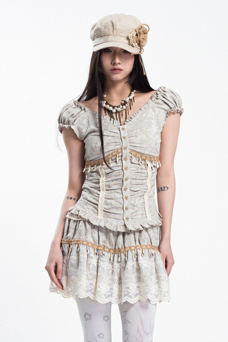 4RE1GN SHELL jacquard blouse and lace skirt separates in ivory — front modeled view with shell-trim blouse and lace skirt