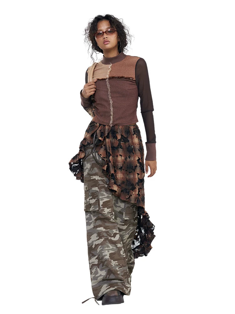 NEXT PASSPORT distressed plaid lace skirt overlay — brown layered front styling with camouflage trousers.