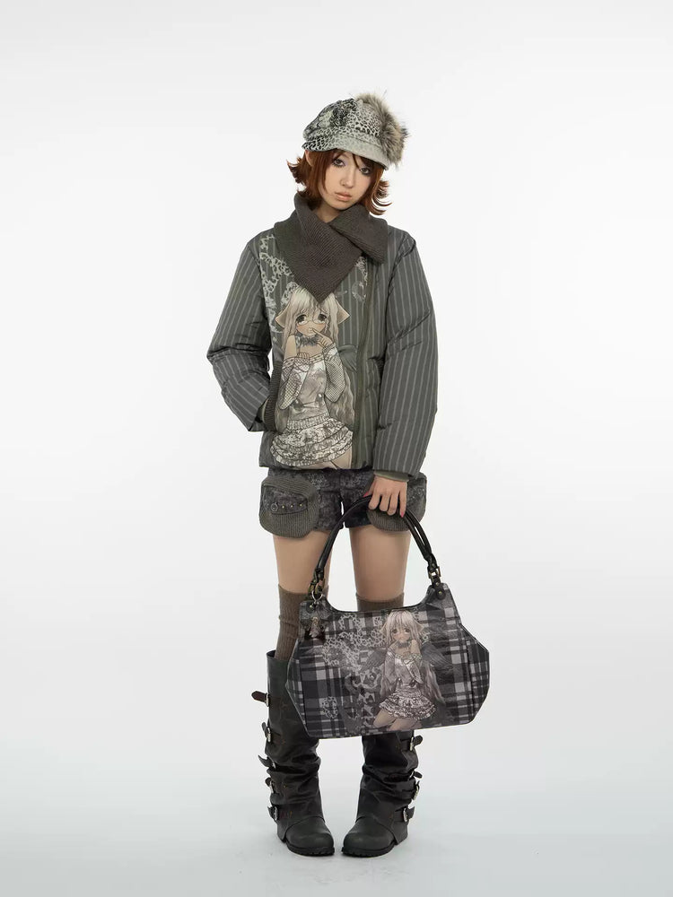 4RE1GN COMIC STRIPE asymmetric-collar down jacket in olive green — full-length front modeled view styled with knit-pocket shorts