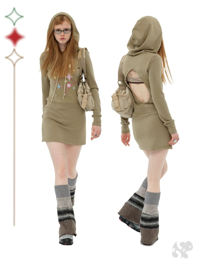 NEXT PASSPORT khaki-green star-print hooded sweatshirt dress, front and open-back studio view