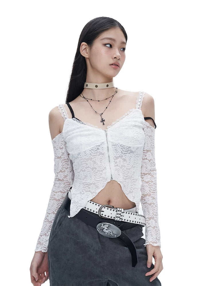 NEXT PASSPORT white lace off-shoulder zip crop top — front studio view