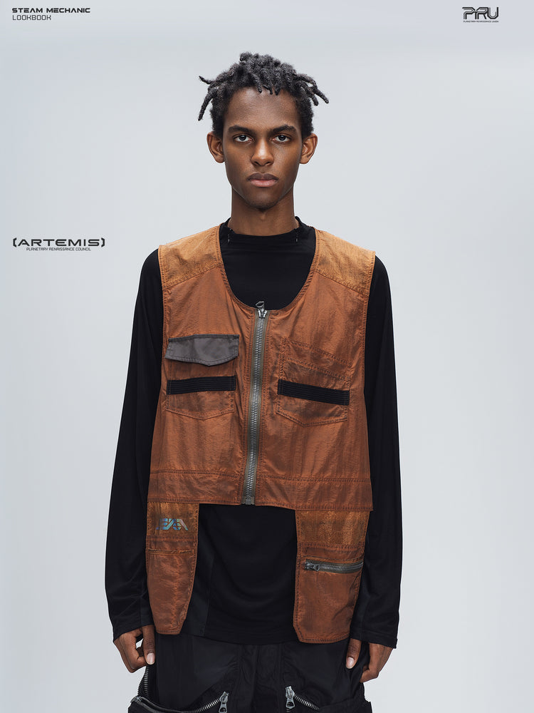 PIONEER sedna-red multi-pocket vest, front modeled view showing weathered red panels and zip fastening
