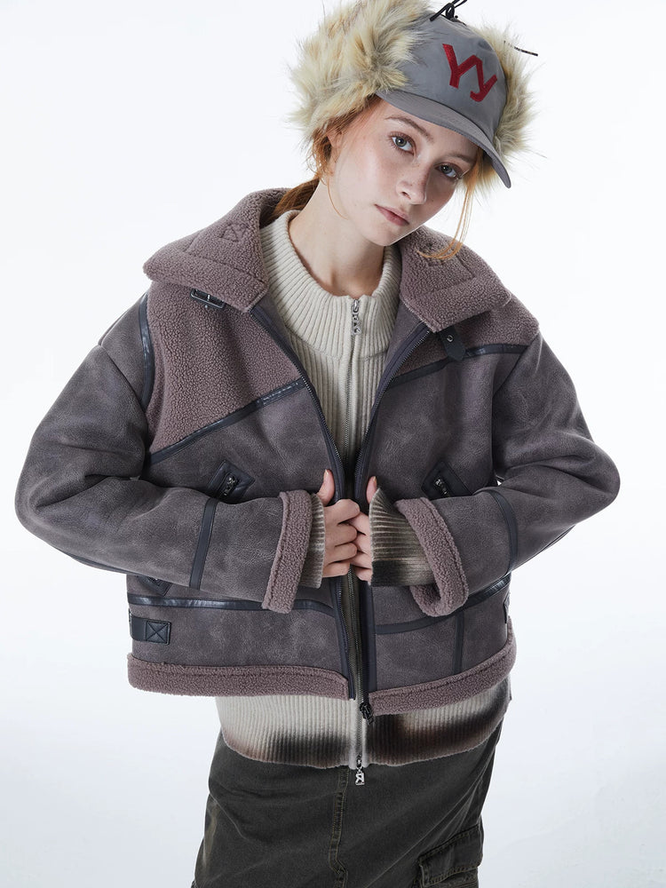 ERRORCODE ROBOT gray-purple paneled faux-shearling jacket, front modeled hero view