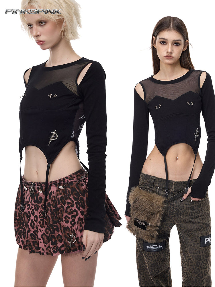 PINKSPINK ELECTRIC MOON reconstructed mesh tee — modeled collage showing the black mesh neckline, shaped hem and hanging straps