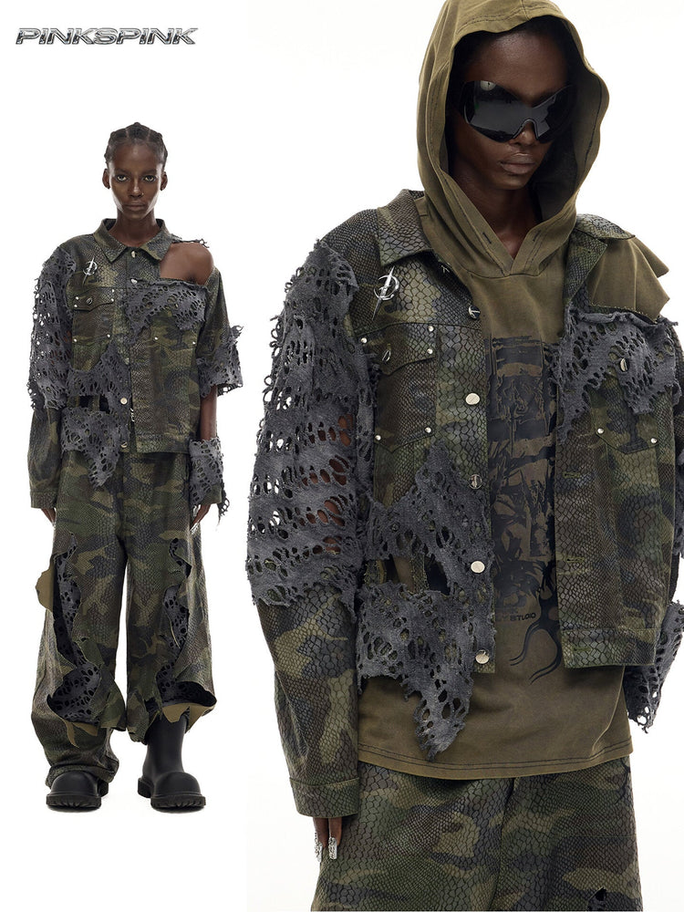 PINKSPINK ELECTRIC MOON distressed camouflage denim jacket — modeled collage showing green camouflage and distressed gray panels