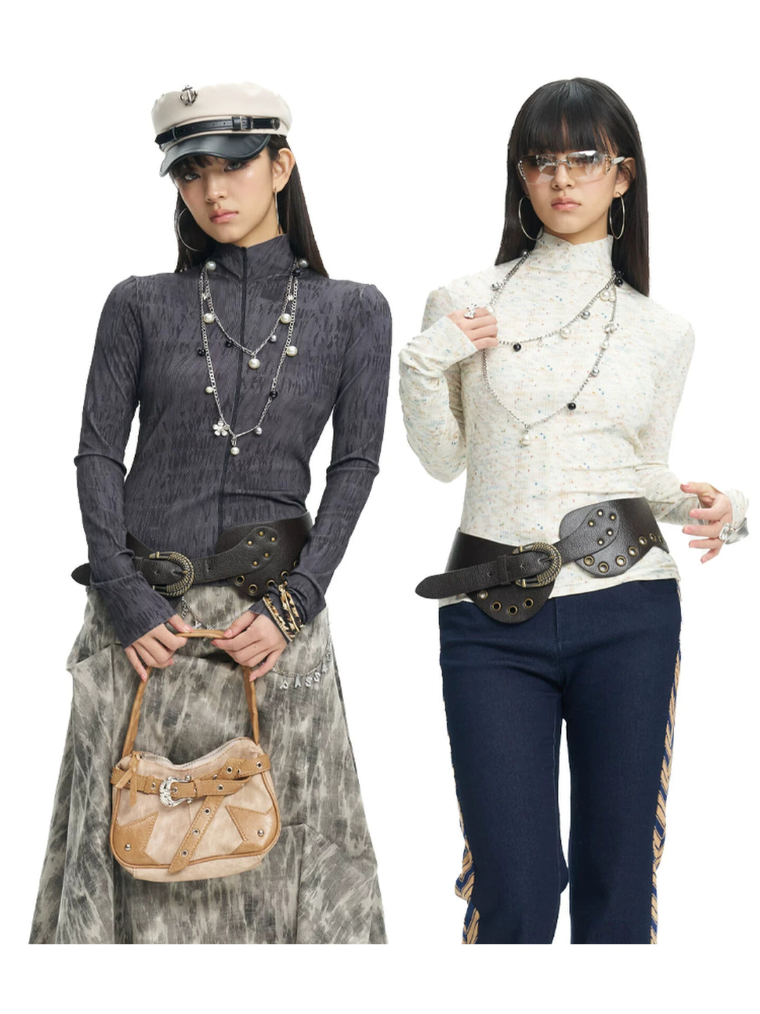 NEXT PASSPORT fitted mock-neck long-sleeve tee shown in dark gray and ivory colorways.