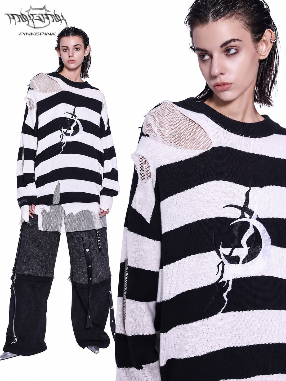 PINKSPINK ELECTRIC MOON distressed striped sweater in BLACK WHITE STRIPE — two-model composite with the promotional panel removed.