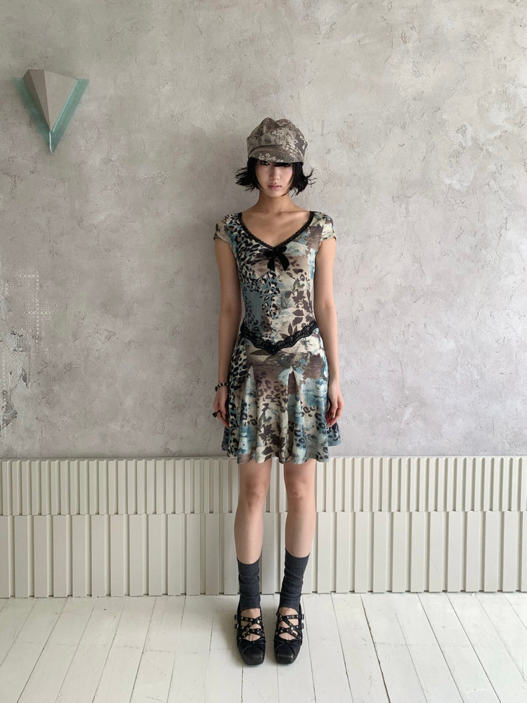 4RE1GN SEA BLUE leopard floral lace dress in gray blue — full-length front modeled view