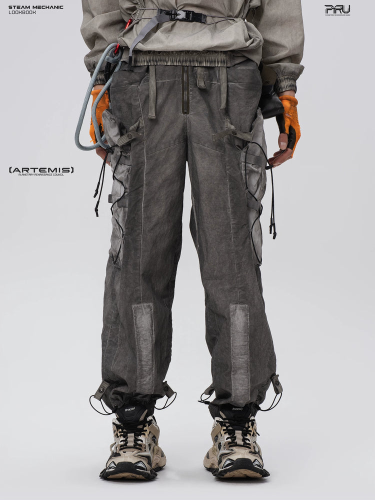 PIONEER detachable waist-pouch cargo pants in Meteorite Gray, modeled front view with long utility pockets