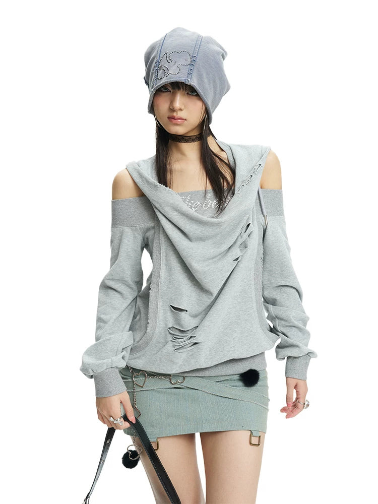 Front white-background view of the gray rhinestone off-shoulder layered hoodie