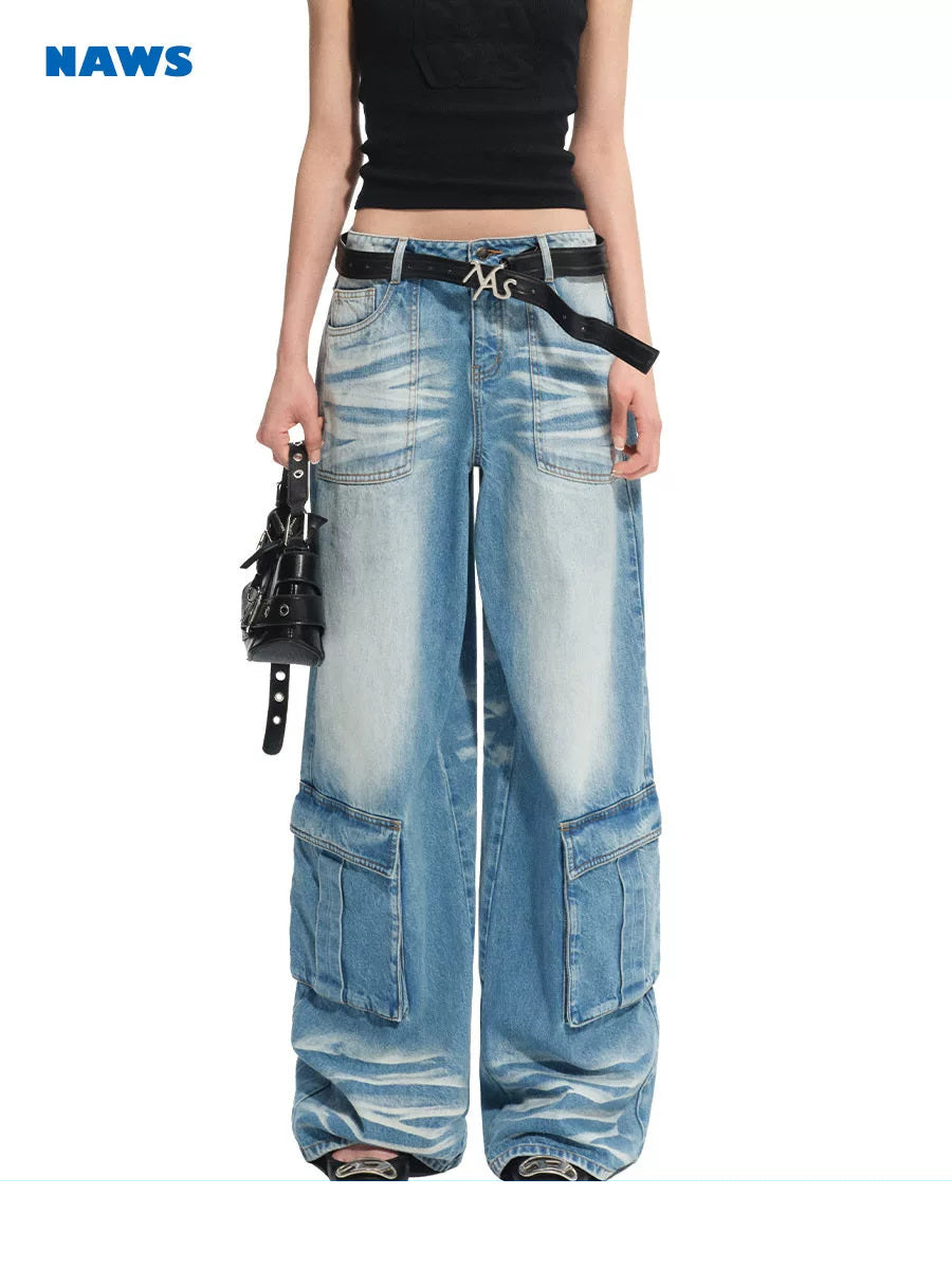NAWS GRAVEL washed denim cargo jeans — view 1