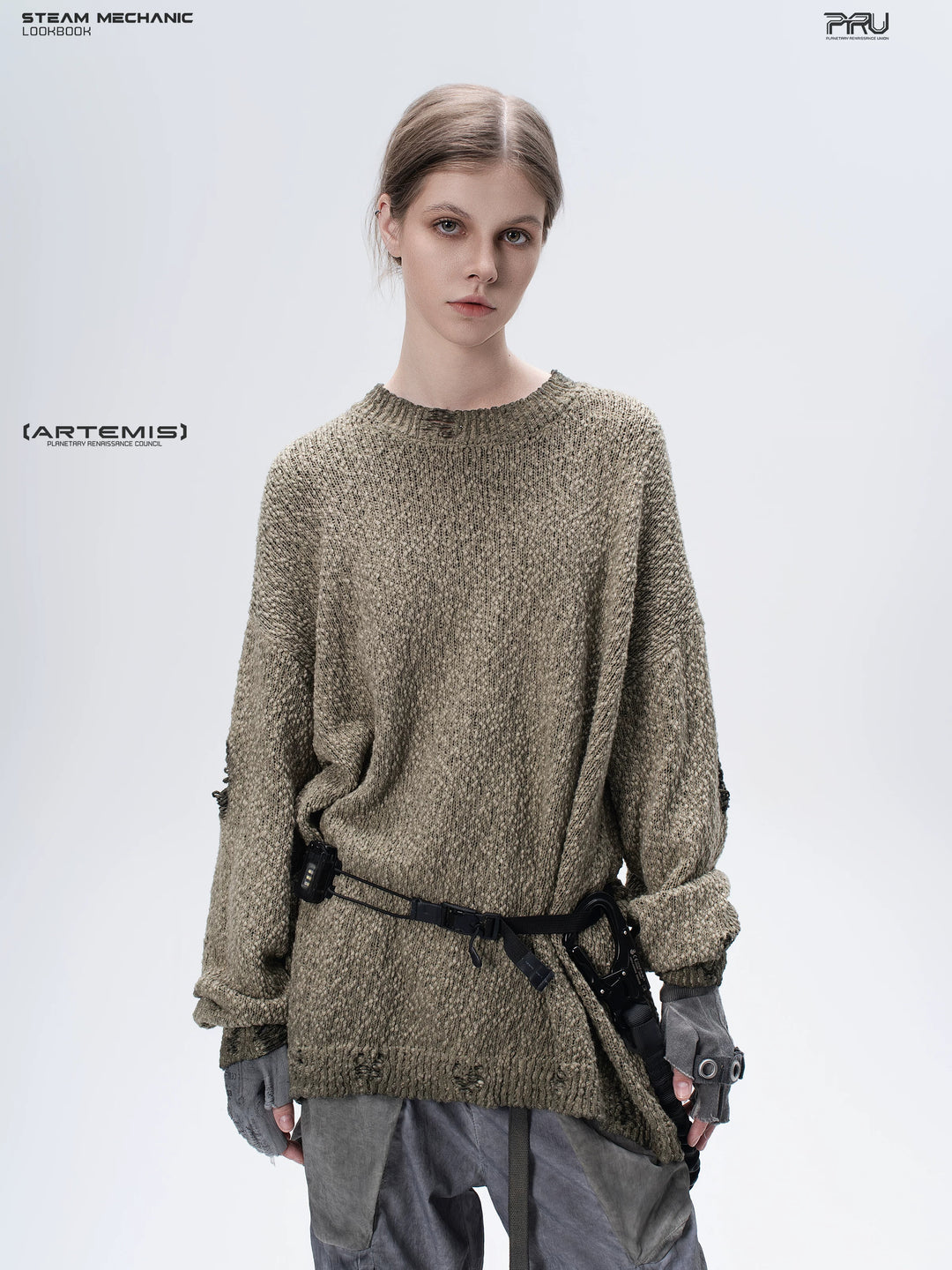 ARTEMIS distressed reversible knit sweater, mercury brown, front portrait showing distressed knit and loose fit