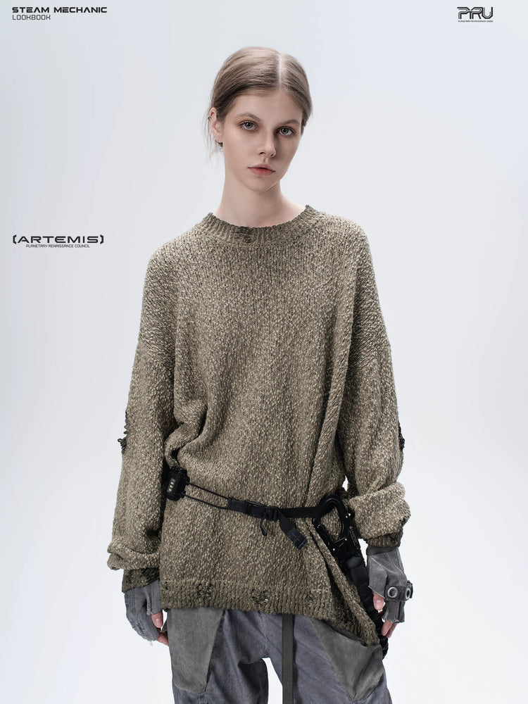 ARTEMIS distressed reversible knit sweater, mercury brown, front portrait showing distressed knit and loose fit