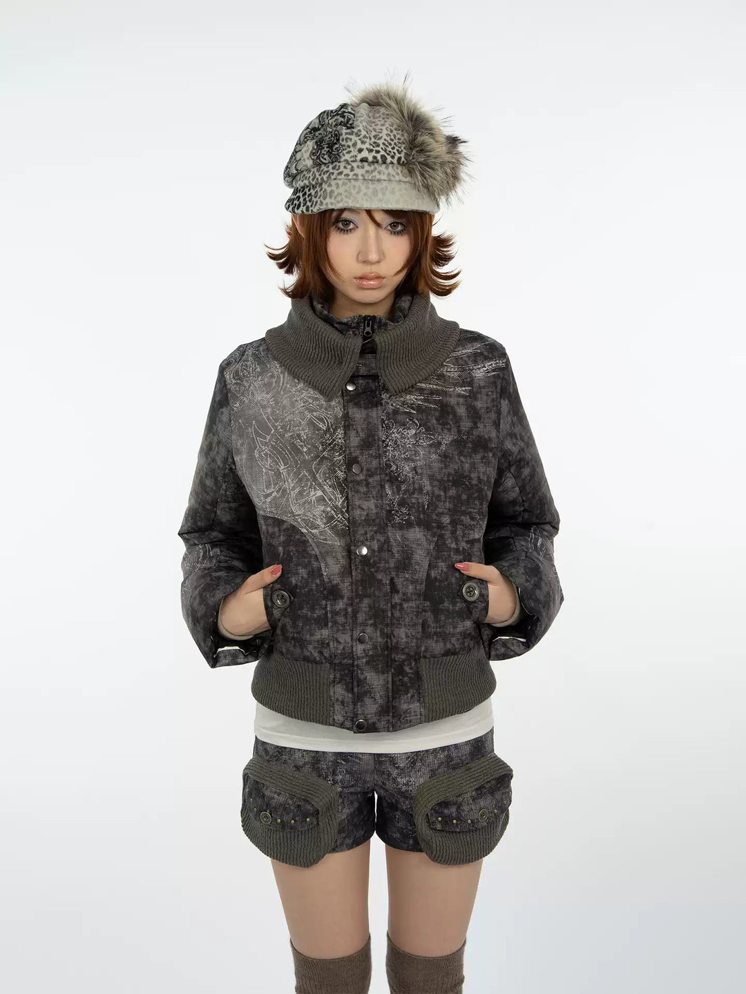 4RE1GN MYSTIC STAR knit-collar down jacket in gray multicolor — front modeled view with the knit collar folded down