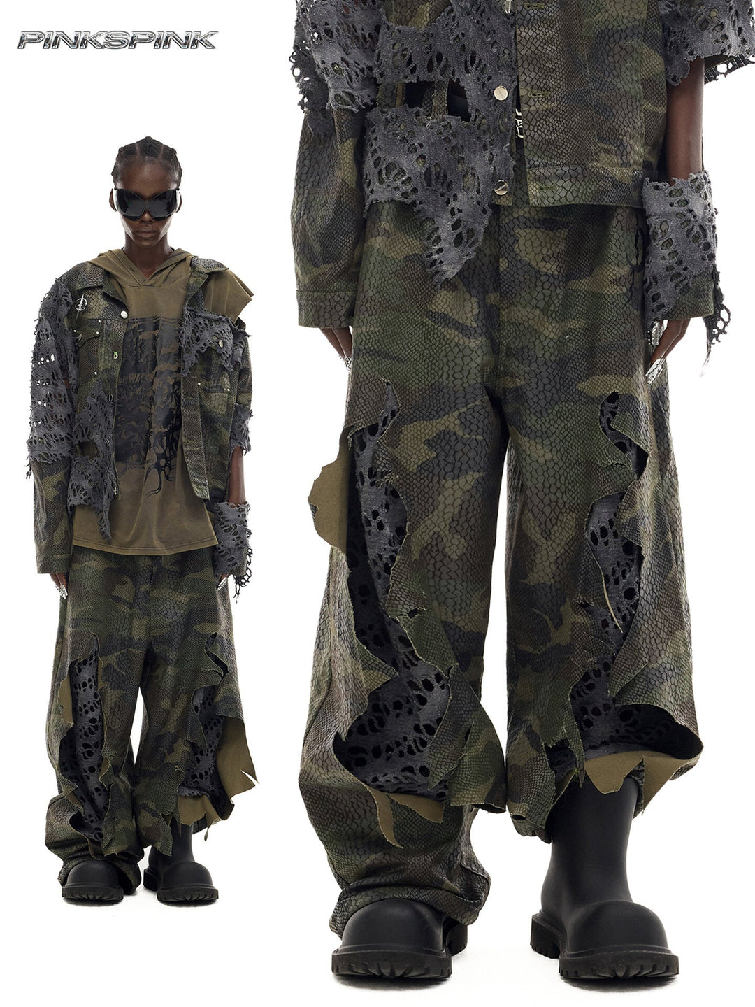 PINKSPINK DOUBLE STACK distressed camouflage wide-leg jeans — modeled collage showing green camouflage, layered cutouts and wide legs