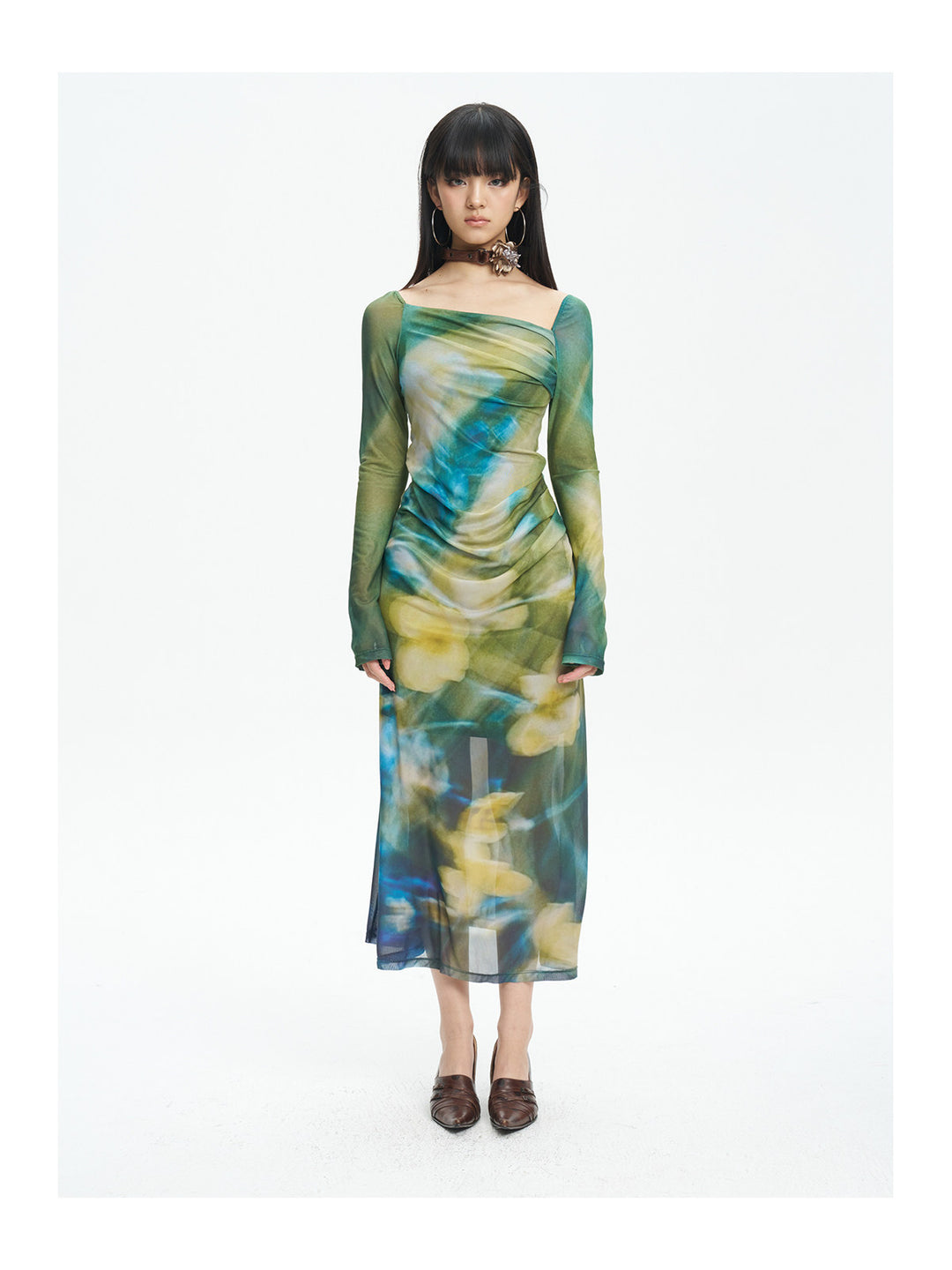 NEXT PASSPORT water-flower print mesh long-sleeve dress — front studio view