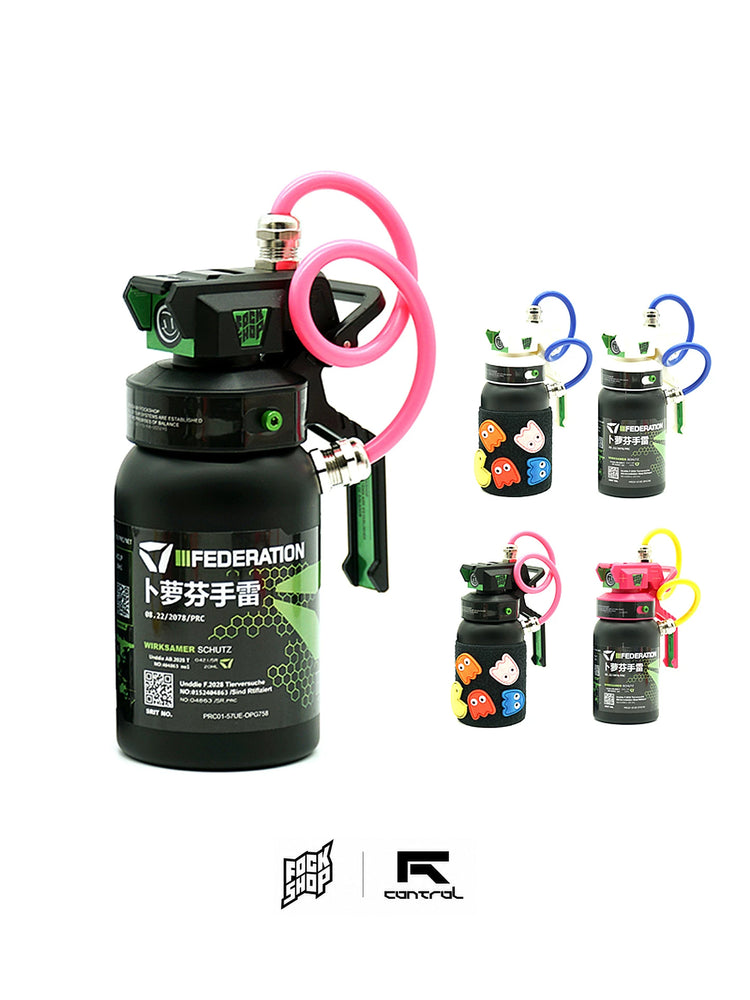 FOCKSHOP IBUPROFEN illuminated canister prop — collage of canister kit colors and removable graphic patches