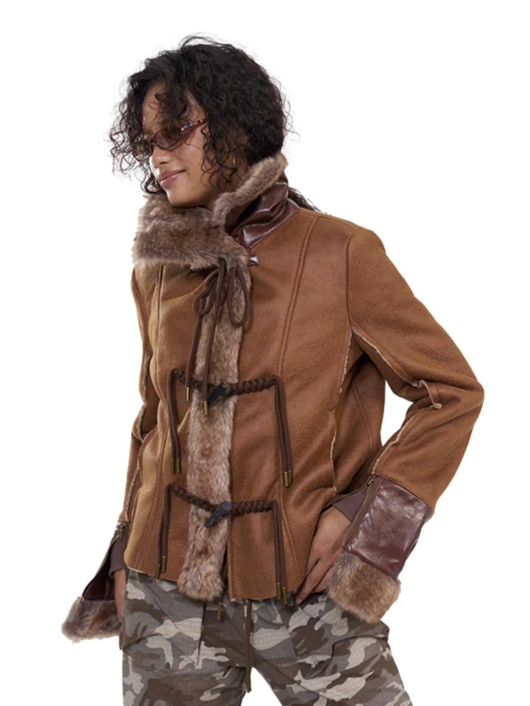 NEXT PASSPORT dark-brown rope-toggle shearling cropped jacket, close three-quarter studio view