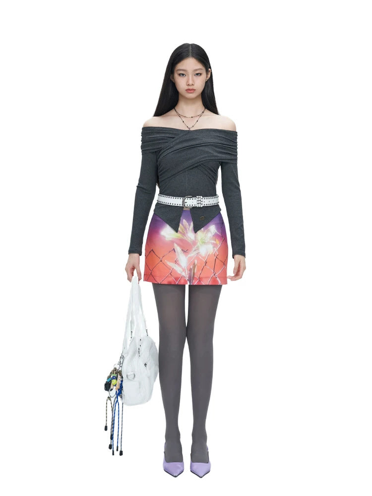 NEXT PASSPORT surreal floral-print mini skort, LILIES IN WIRE full-length studio look